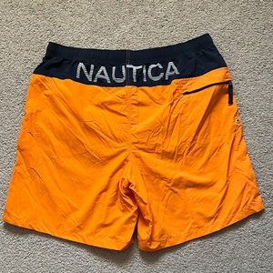 Nautica Mens  Orange Black Mesh Lined Swim Shorts Trunks 4 Pockets Sz L